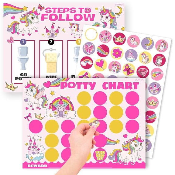 Potty Training Chart for Girls, Unicorn Theme, 8.3 x 11.2 inches, 10 Pack Chart with 5 Pack Reward Stickers