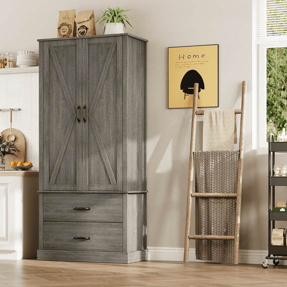 Kitchen Pantry Cabinet, 65” Barn Door Grey Kitchen Cabinet with Barn Doors, Drawers & 2 Adjustable Shelf, Freestanding Tall Hutch for Kitchen, Dining Room, Living Room,and Office,Grey