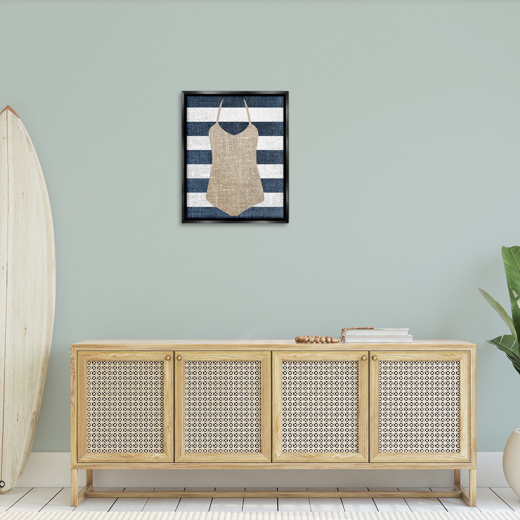 Stupell Industries Swimsuit on Stripes Beauty & Fashion Painting Black Floater Framed Canvas Art Print Wall Art, 25 x 31