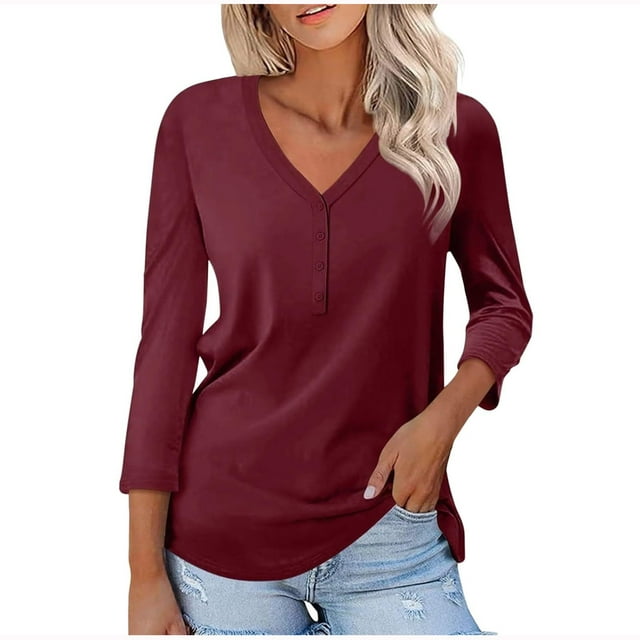 Timegard Womens Tops V-Neck Button 3/4 Sleeve Solid Color Tee Shirts Casual Tunic Tops for Leggings