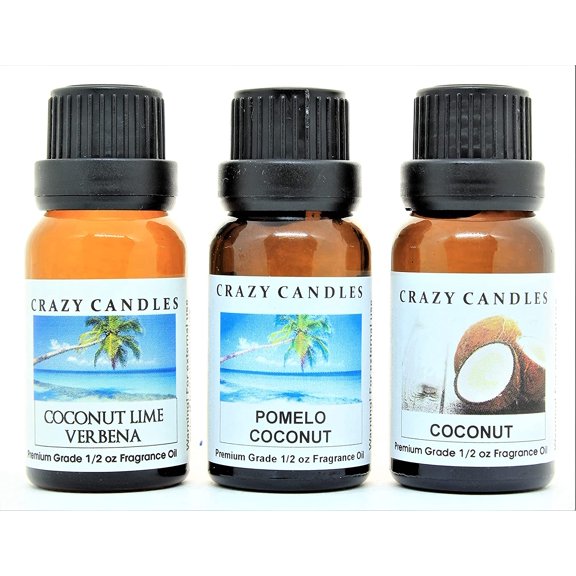 Crazy Candles 3 Bottles Set, 1 Coconut Lime Verbena, 1 Coconut, 1 Pomelo Coconut 1/2 Fl Oz Each (15ml) Premium Grade Scented Fragrance Oils