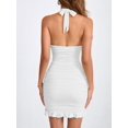 thumbnail image 5 of Women Halter Deep V Neck Ruched Bodycon Dress Summer Mesh Hem Cocktail Club Party Short Mini Dresses White XS, 5 of 8