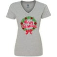 thumbnail image 3 of Inktastic Merry Christmas Wreath with Red Bow and Ornaments Women's V-Neck T-Shirt, 3 of 5