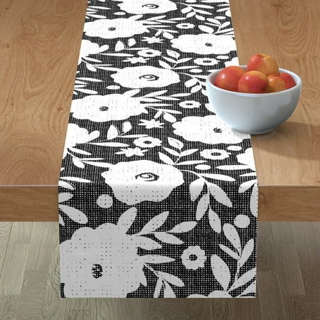 

Cotton Sateen Table Runner 108 - Black White Flowers Floral Spring Midcentury Modern Charcoal Artistic Print Custom Table Linens by Spoonflower