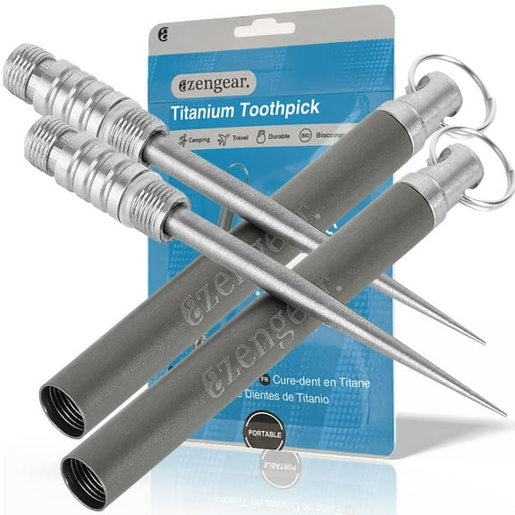 Titanium Toothpick EDC with Keyring Pocket Holder - Reusable, Portable - Best for Outdoor Camping, Travel, Picnic (Pair)