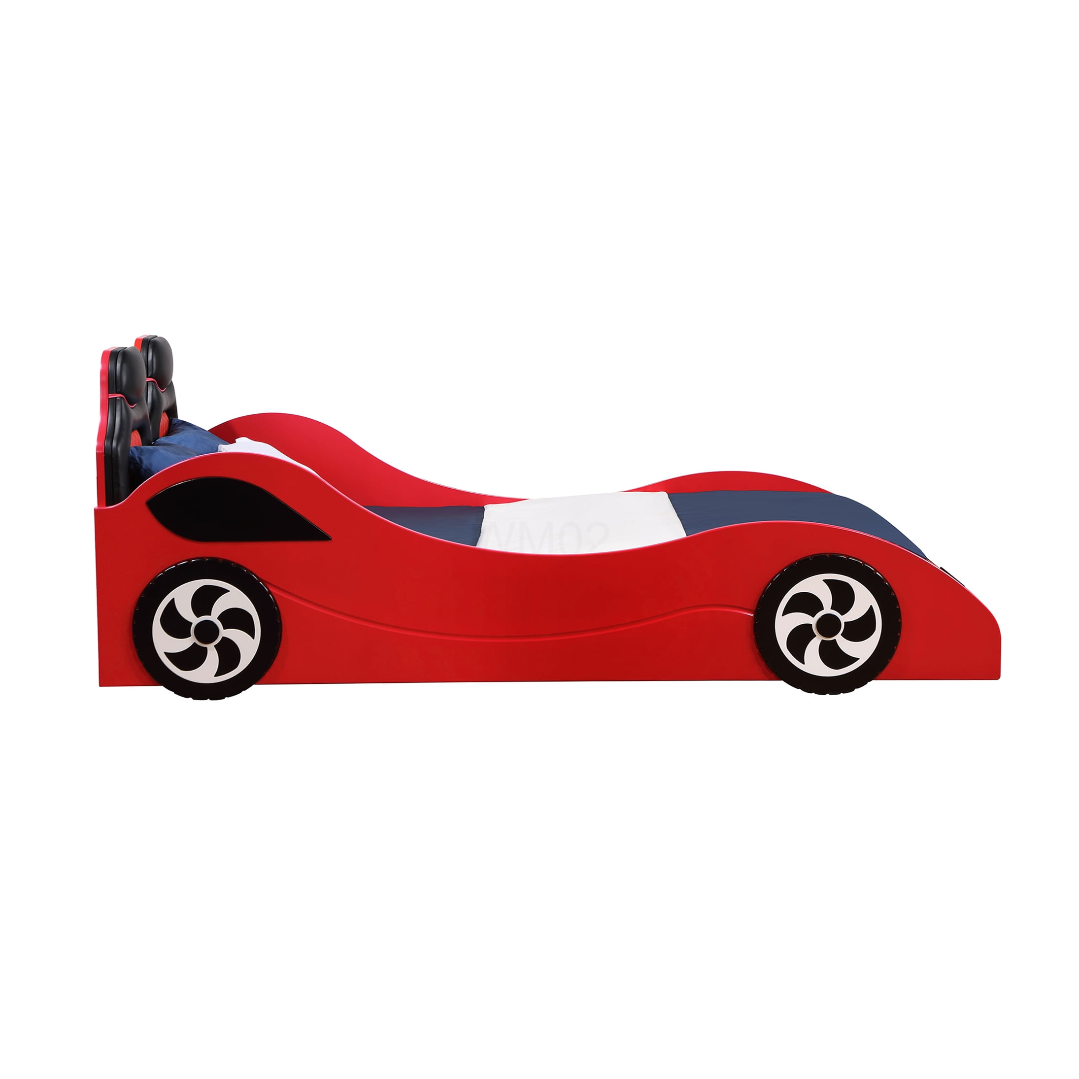 Twin Size Race Car Bed with LED Lights, PU Leather Upholstered Low Profile Platform Bed Frame