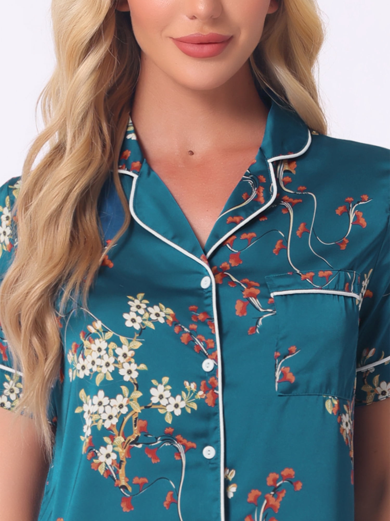 DARING DIVA Women's Silk Short Sleeves Floral Satin Pajama Sets XS Bright Blue