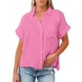 thumbnail image 4 of ZTTD Fashion Women's Solid Linen Casual Loose Short Sleeve Button Shirt, 4 of 6