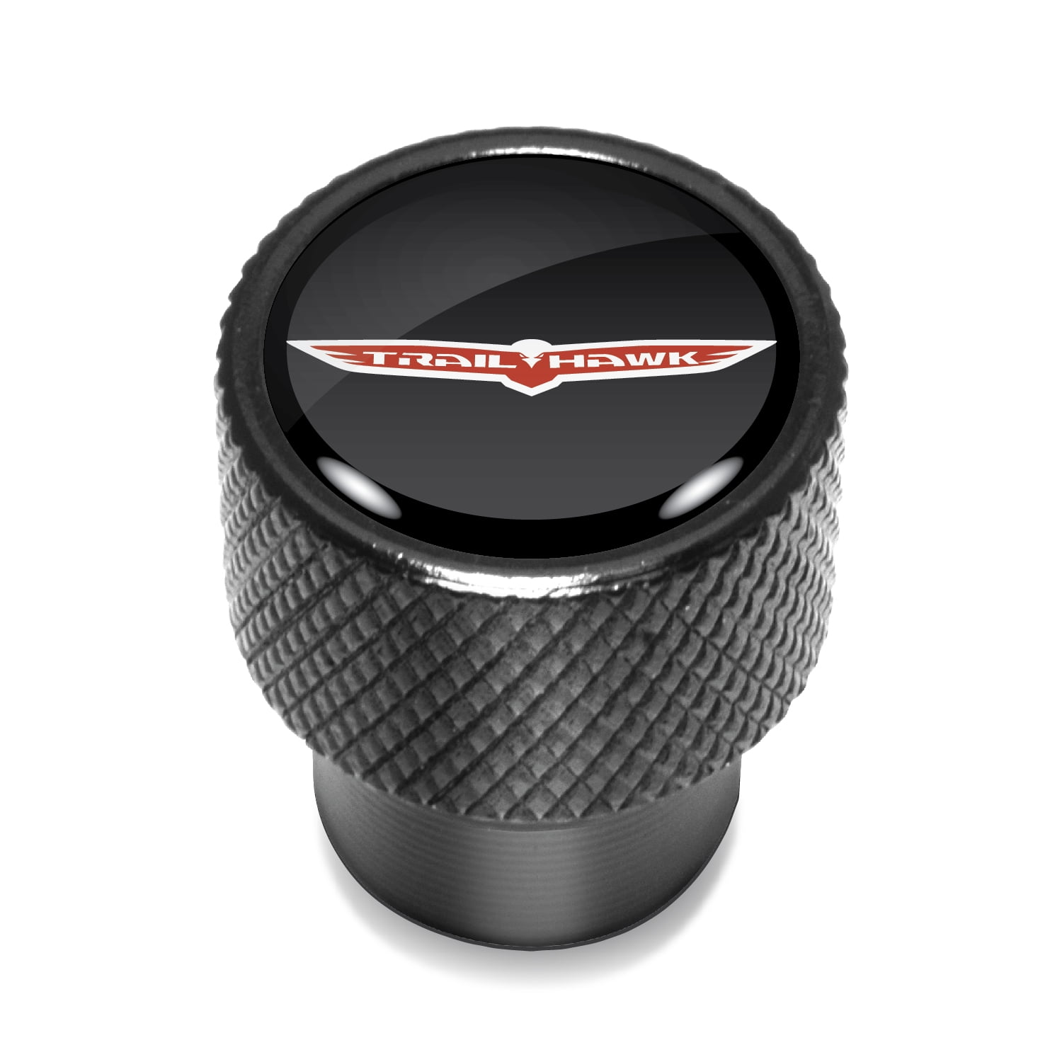Jeep Trailhawk in Black on Black Aluminum Tire Valve Stem Caps