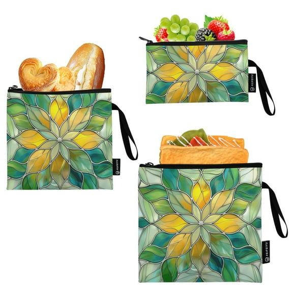 Haosy 3 Pack Reusable Ziploc Bags BPA Free Healthy Food Storage Bag Leakproof Sandwich Snack Freezer Bags Abstract Yellow Green Floral Stained Glass