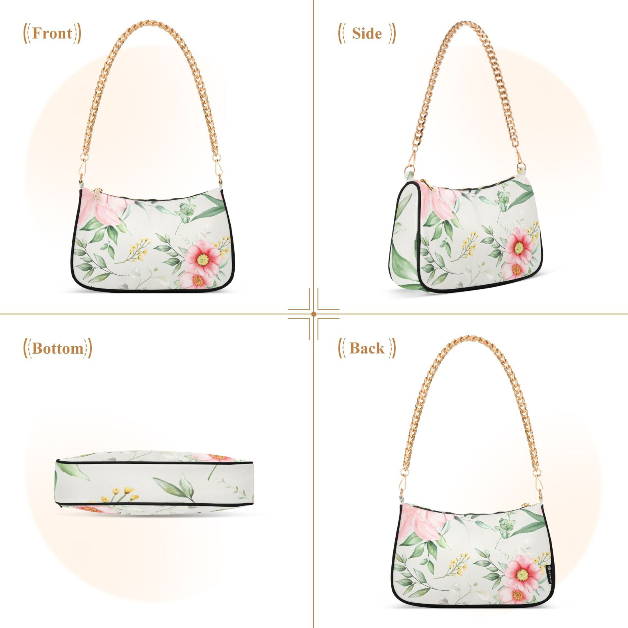 Flower Pattern Print Womens Chain Shoulder Bag Tote Handbag Clutch Hobo Purse with Zipper for Travel Casual