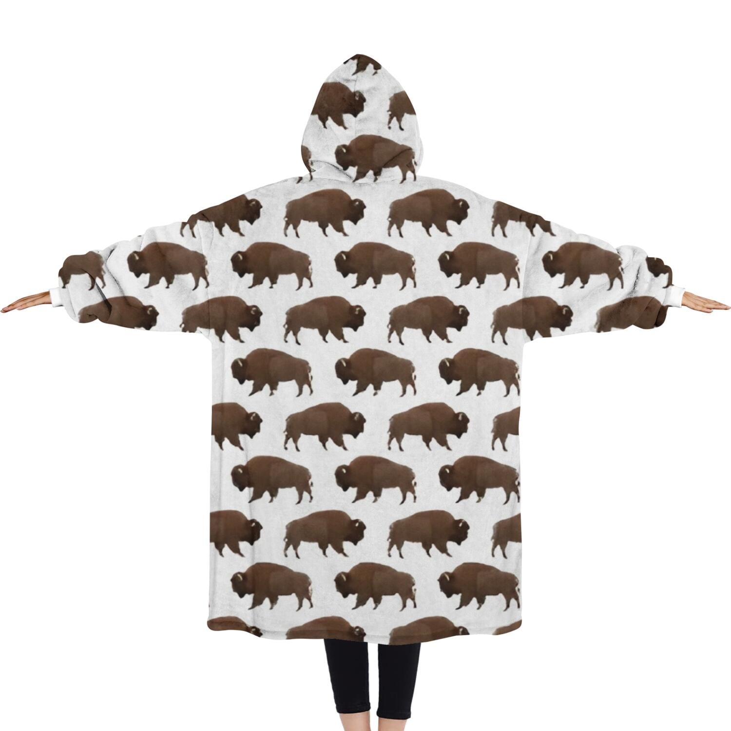 Oversized Wearable Blanket Hoodie,White Buffalo Pattern Sherpa Blanket Hoodie with Super Pockets,Super Warm Fuzzy Pullover for Women & Men