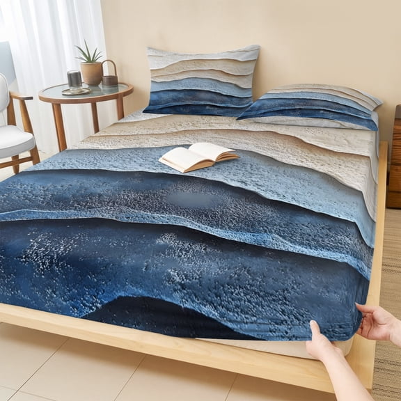 Full Size Fitted Sheet Set - Blue Beige 3 Piece Bedding Sets 16" Deep Pocket Fitted Sheet with 2 Pillowcases Coastal Wave Modern Abstract Art Brushed Microfiber Hotel Luxury Bed Sheets
