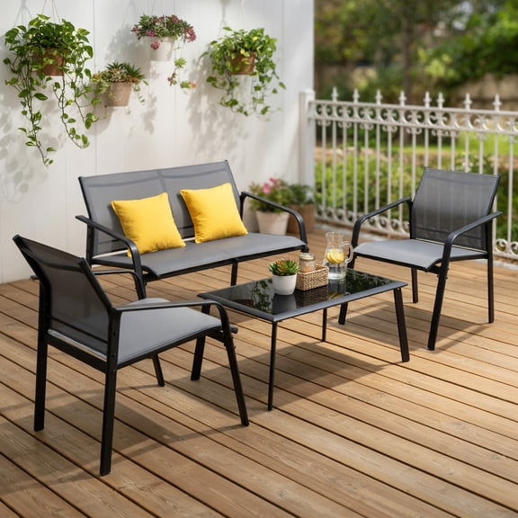 GVN 4 Pieces Patio Furniture Set, Deluxe Outdoor Patio with Armrest Loveseat Sofas and Glass Table Deck-Gray