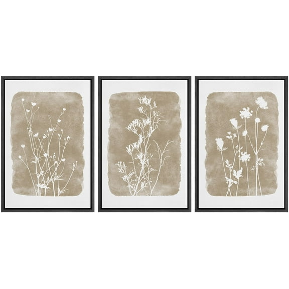 IDEA4WALL Framed Canvas Print Wall Art Set of 3 Retro Vintage Country Wildflowers Wall Decor Vintage Nature Wilderness Botanical Duotone Floral Prints Minimal Bohemian Artwork - Black 24"x36"x3