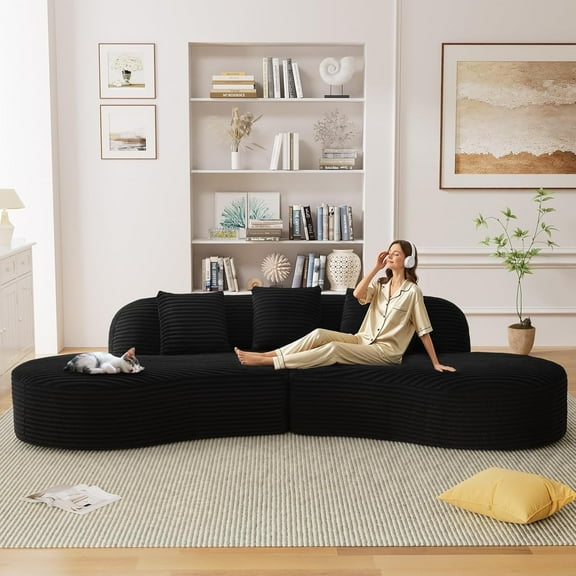 Lincordor 123in Curved Sectional Sofa with Memory Foam, Oversized Deep Seat Boneless Couches, Corduroy Upholstery & 3 Pillows, No Assembly Required for Living Room(black)