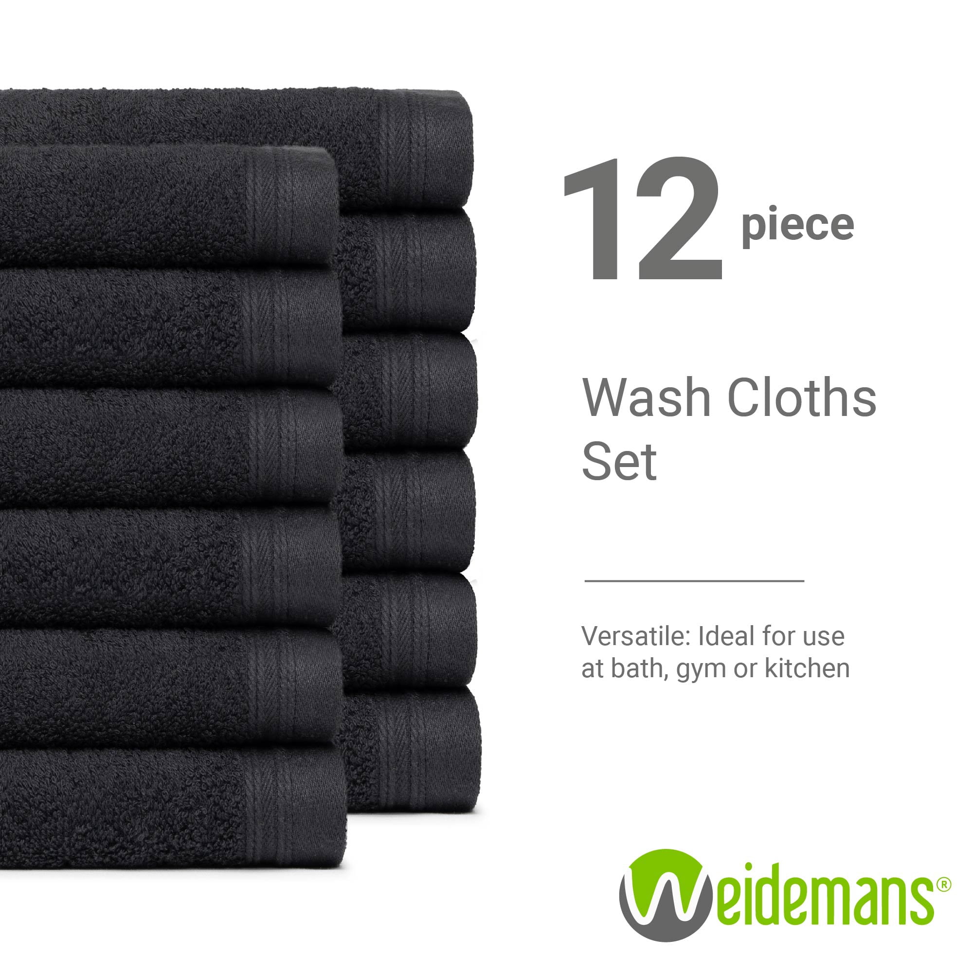 Weidemans 100% Cotton Washcloths 12 Pieces Towel Set | Fingertip Washcloth 13" X 13" | Towels for Bathroom, Hand, Kitchen, Cleaning | Machine Washable high Absorbency Bathroom Face Towels | Black
