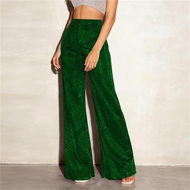 Pincandy Women's Solid Color Fashion Elastic Waist Silver Thread Wide Leg Pants, Loose Fit, Casual & Daily Wear