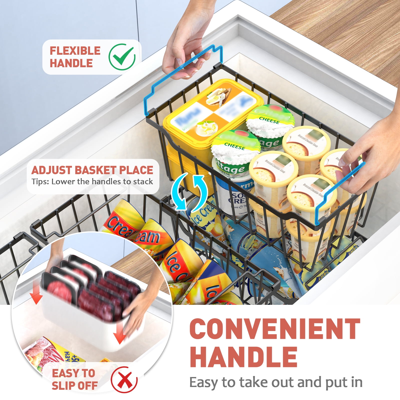 SUNALLY Freezer Organizer Bins 4 Pack, Stackable Freezer Baskets with Foldable Handle for 3.5-7 Cu.FT Deep Chest Freezer Organization, Coated Metal Storage Bins Black