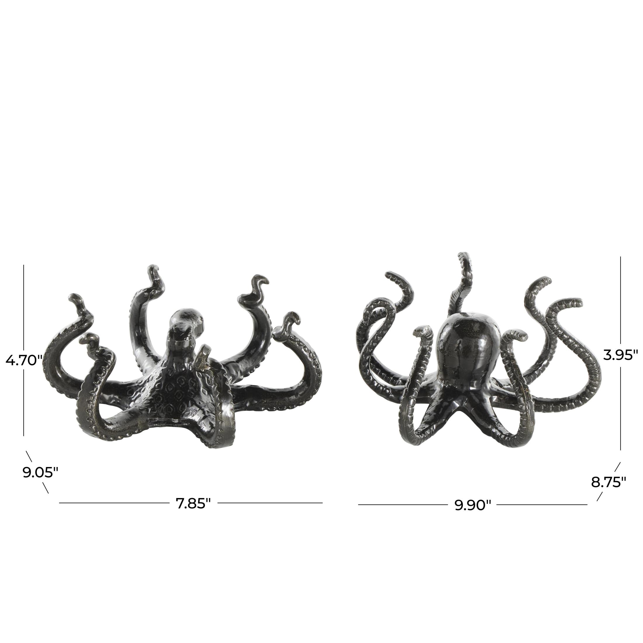 9"W, 4"H Black Aluminum Metal Octopus Sculpture with Splayed Arms, by DecMode (2 Count)