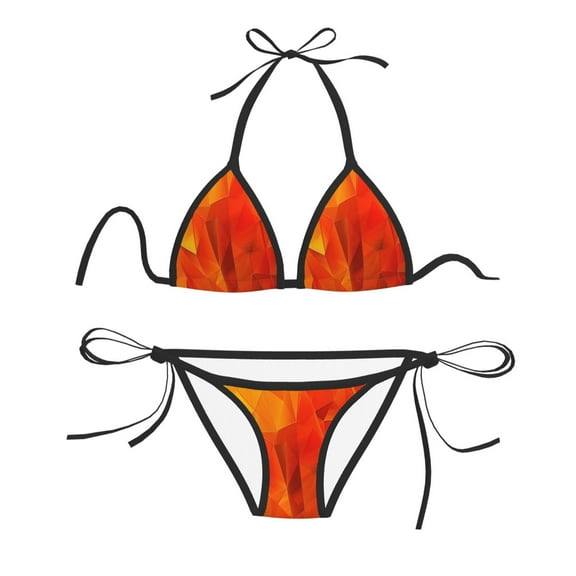 Women Two Piece Swimsuit Sexy Swimwear Halter String Triangle Bikini Sets - Red Orange Grid
