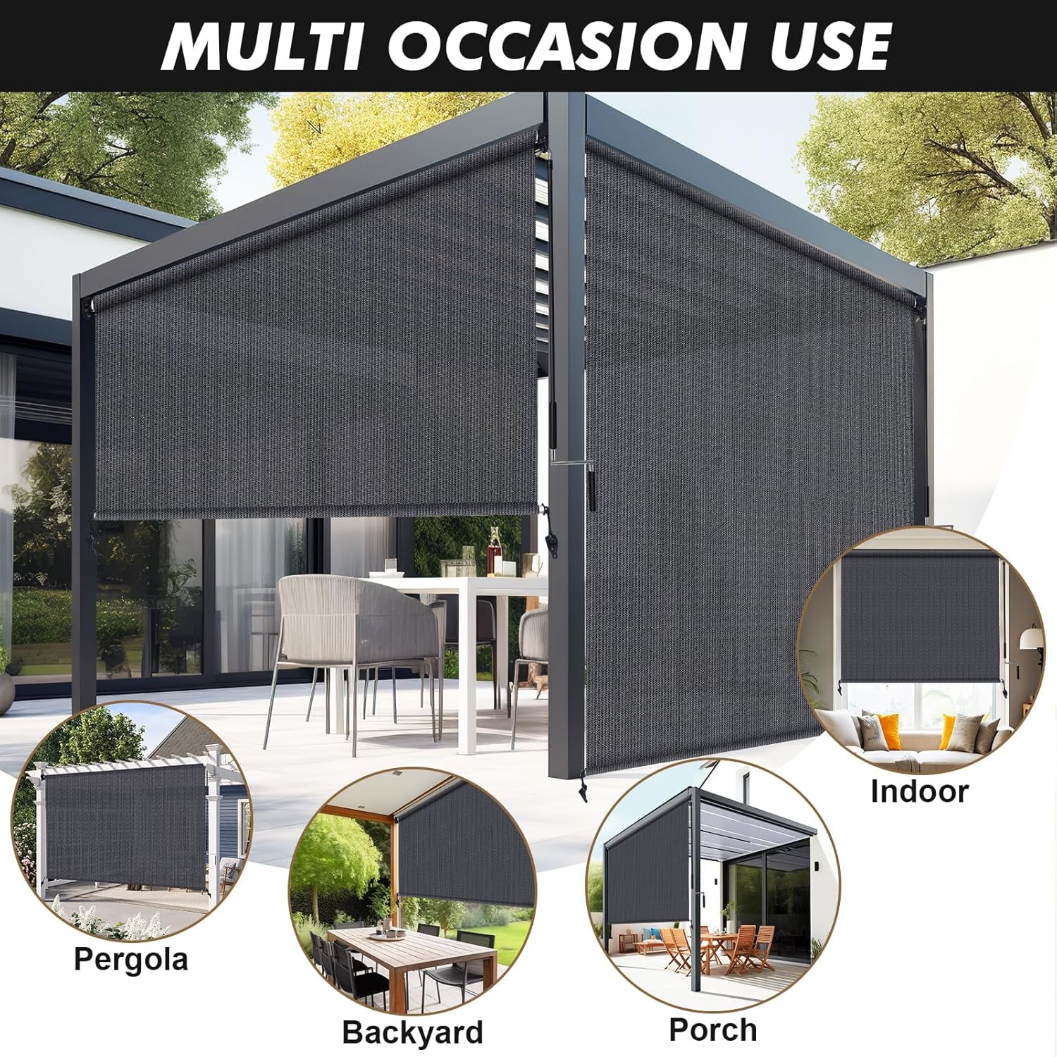 NAWAY 7'W x 8'H 220 GSM HDPE Fabric Cordless Outdoor Roller Shades,90% UV Protection Roll up Blinds for Porch Gazebo Pergola,Blue Gray