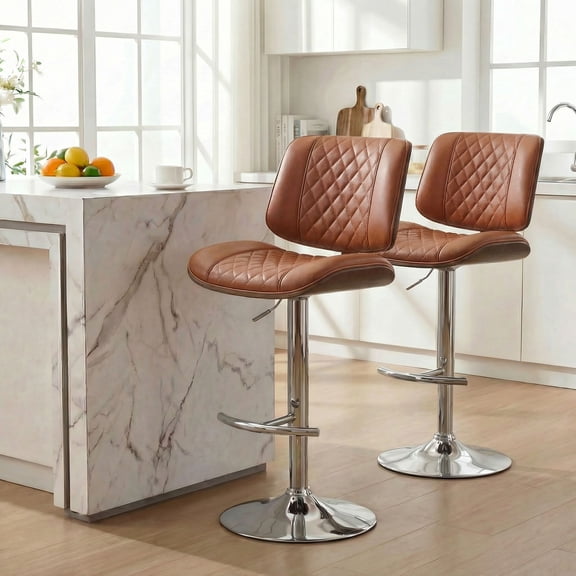 IPKIG Adjustable Height Swivel Bar Stool with PU Leather Upholstery, Footrest & Back Support for Kitchen Island, Counter or Home Bar, Orange, 2 PCS