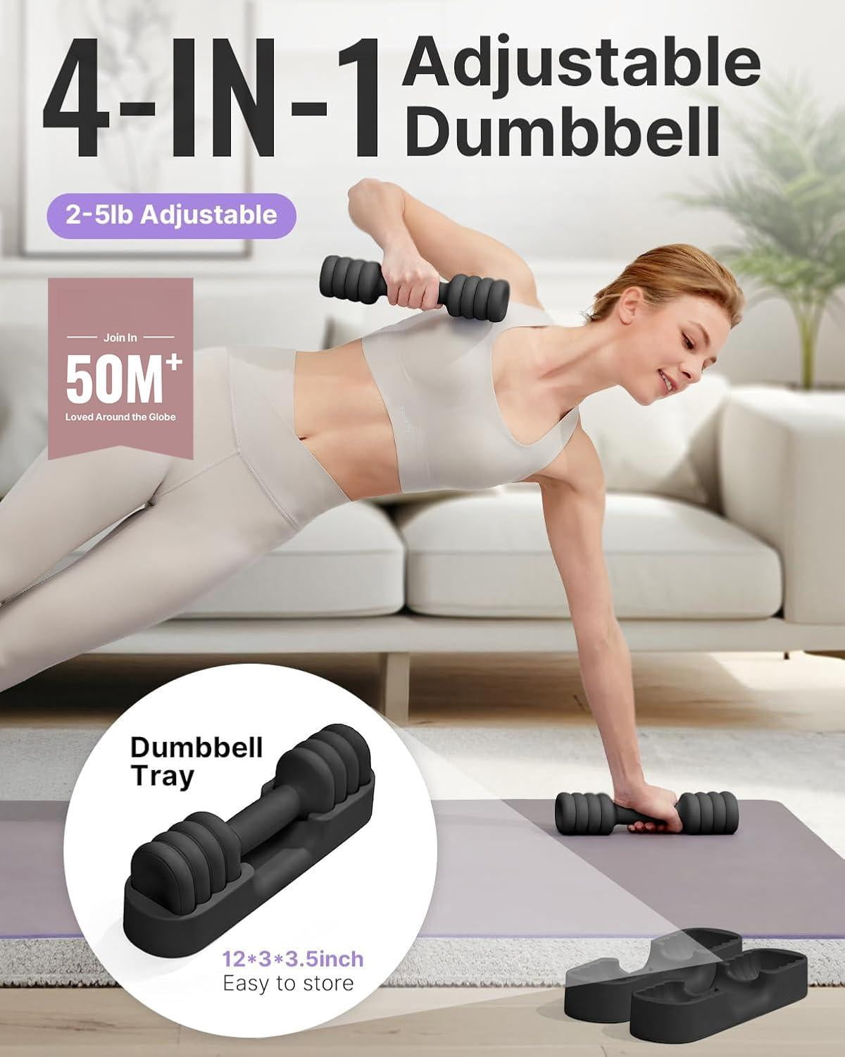 Adjustable Dumbbell Set Of 2  4-in-1 Hand Weights For Women At Home Compact Free Dumbbells With Soft Grip And Base 2-5 Lbs Each Gym
