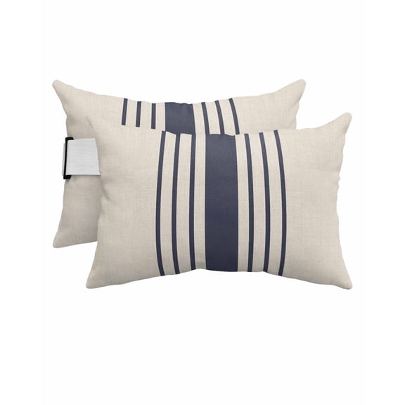 Pack of 2 Outdoor Lumbar Pillow Covers 11x16 Inch, Midnight Blue Striped Waterproof Throw Pillow Covers Set, Beige Geometric Modern Art Indoor&Outdoor Decorative Cushion Cases for Patio Porch Car