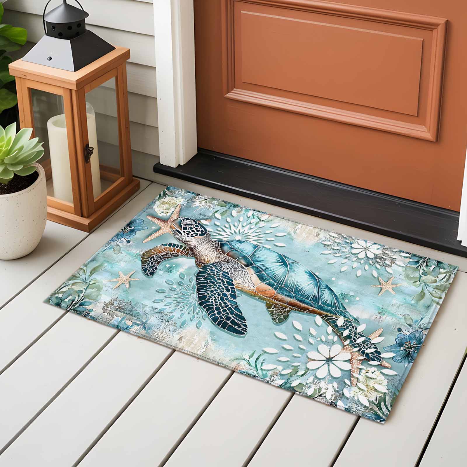 Entrance Runner Rug 2'x3',Sea Turtle Coastal Non-slip Doormat for Indoor Outdoor Entrance,Vintage Teal Nautical Beach Botanical Throw Floor Mat for Front Door/Living Room/Bedroom/Bathroom/Kitchen
