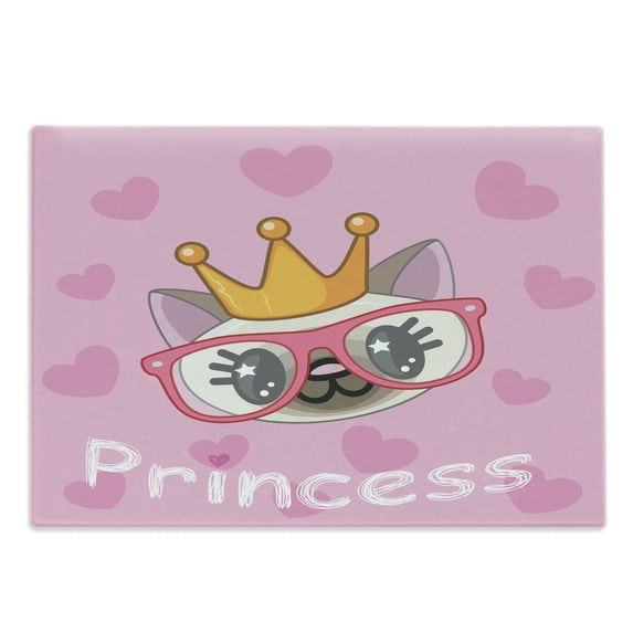 Feminine Cutting Board, Smiling Happy Cartoon Cat Wearing Big Glasses Hearts on the Background Print, Decorative Tempered Glass Cutting and Serving Board, Large Size, Yellow and Pink, by Ambesonne