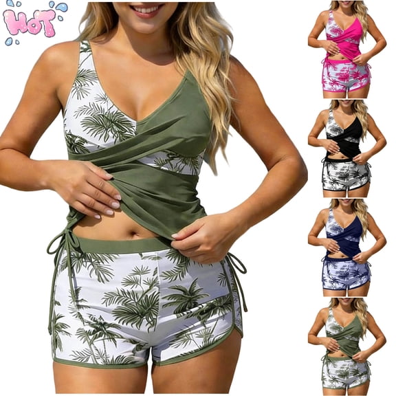 Taqqpue Women High Waisted Bikini Sets Floral Print Two Piece Tummy Control Swimsuits Hawaiian Print Drawstring Short Bathing Suit Swimwear for Women