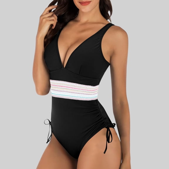 Xdegoge One Piece Swimsuit Women Tummy Control Plunge V Neck Color Block Belted Ruched Side Tie Full Coverage Swimwear Beachwear Tropical Vacation