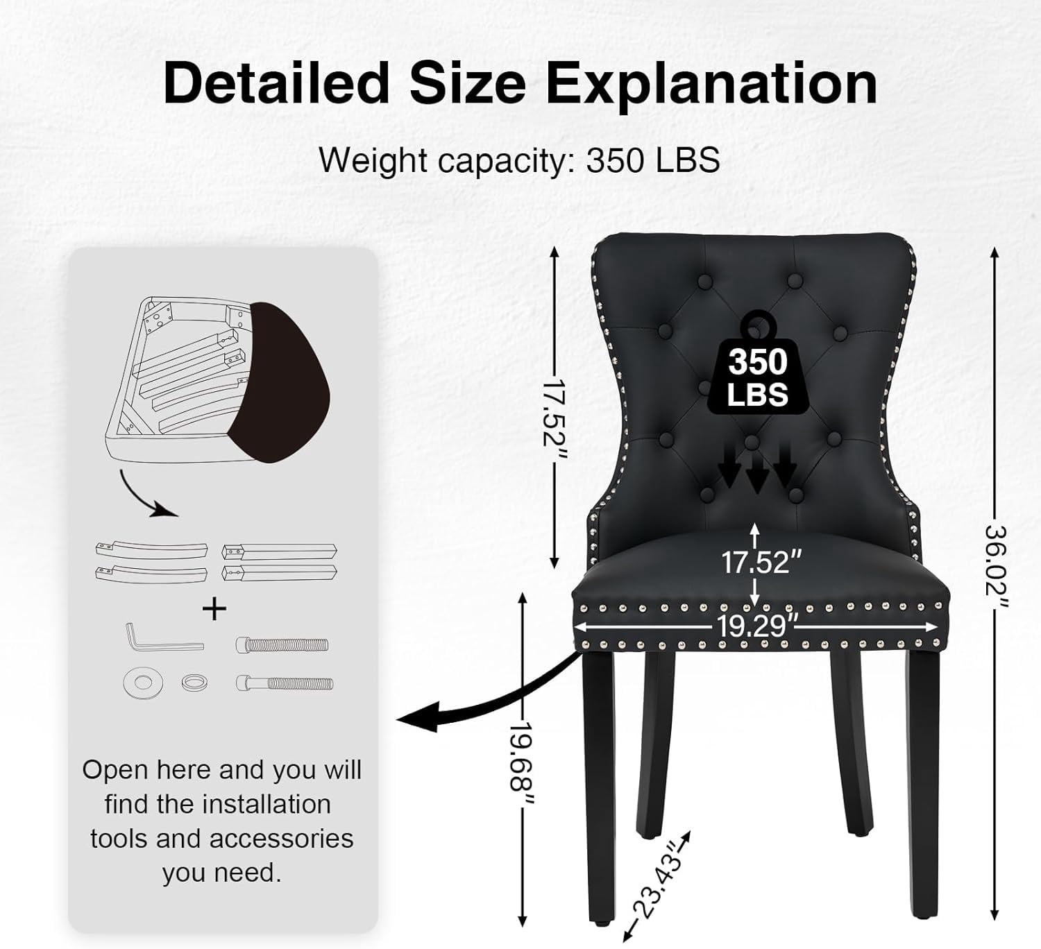 Foredo PU Leather Dining Chairs Set of 2, Tufted Upholstered Dining Room Chair with Pull Ring and Solid Wood Legs, Black