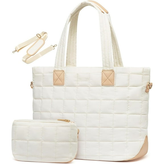 Travel  Tote Bag and cosmetic bag for Women, Large Puffer Tote Bag with Zipper Quilted Light Work Bag Laptop Crossbody Shoulder Bags