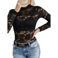 thumbnail image 3 of Womens Mesh Top Long Sleeve Mock Neck Sheer Blouse See Through Floral Lace Tops Black L, 3 of 7