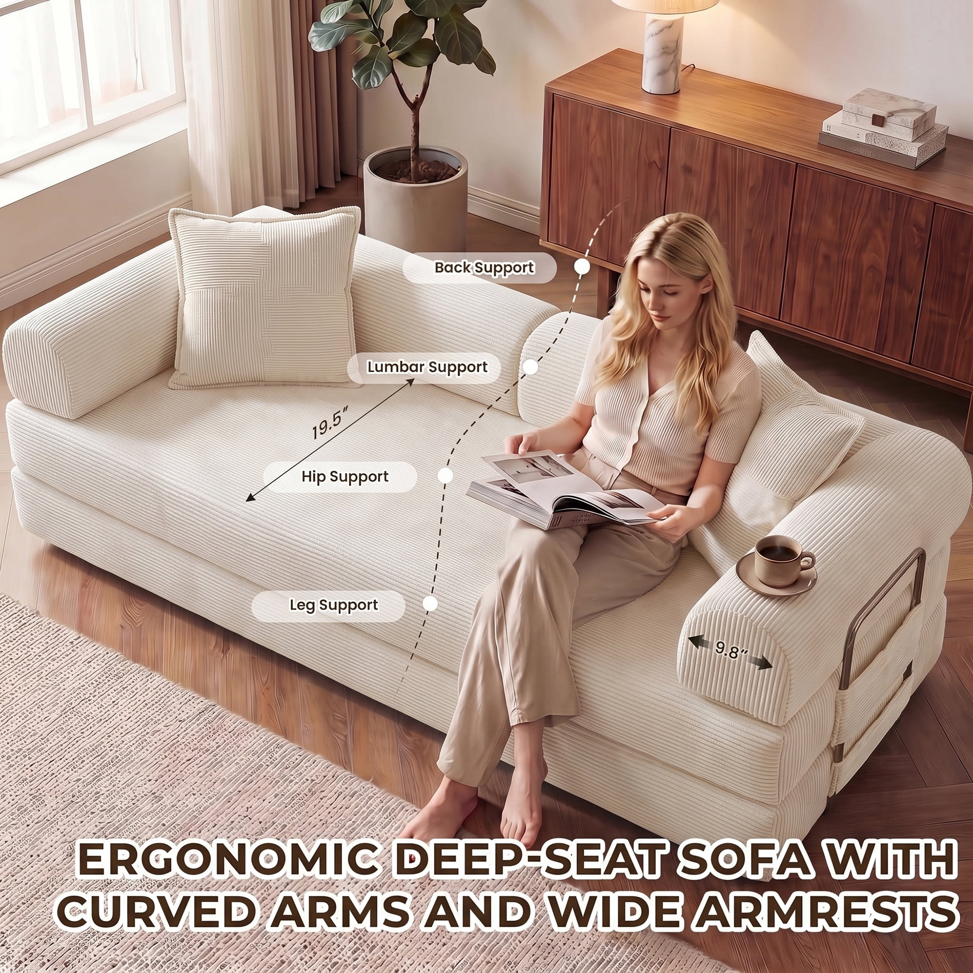 Aukfa 79" Convertible Futon Sofa Bed with Fixed Frame, 5-in-1 Boneless Couch for Living Room, Corduroy, White