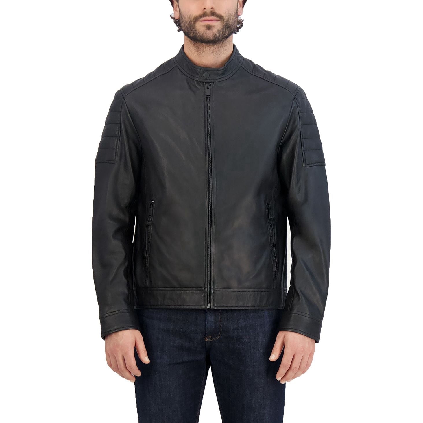 Cole Haan Men's Stand Collar Genuine Leather Jacket (Java, L