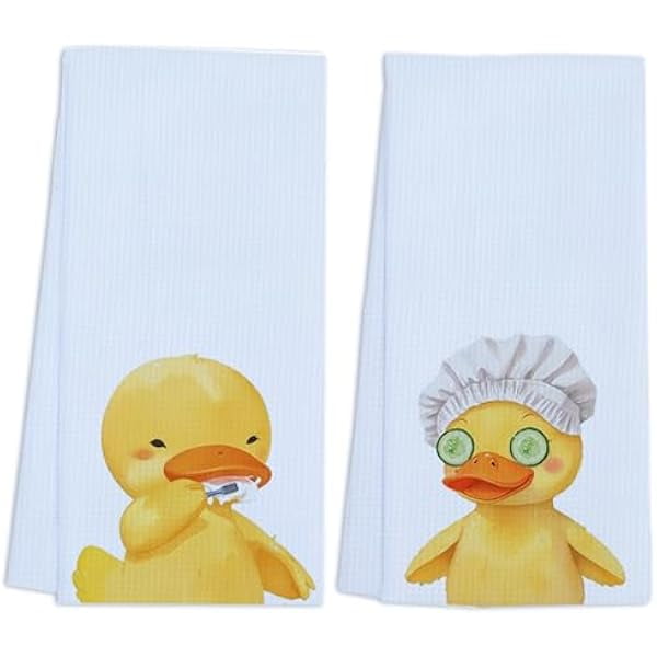 wonima01 QUTE Duck Towels Funny Kitchen Towels Waffle Soft Cute Kitchen Dish Hand Towels QUTE Duck Lovers Absorbent Barhtoom QUTE Duck Decor Bath Towels Housewarming Gift Set of 2