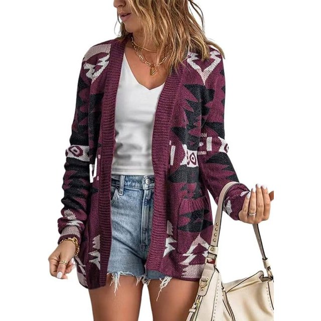HAHDAXIA Cardigan en Tricot Jacquard à devant Ouvert pour Femmes à Imprimé Tribal Aztèque