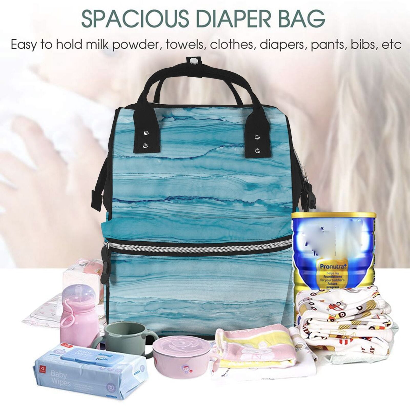Ratiio Teal Turquoise Fluid Stripes Mummy Backpack - Waterproof Twill Canvas, Large Capacity Diaper Bag with Multiple Pockets and Adjustable Straps