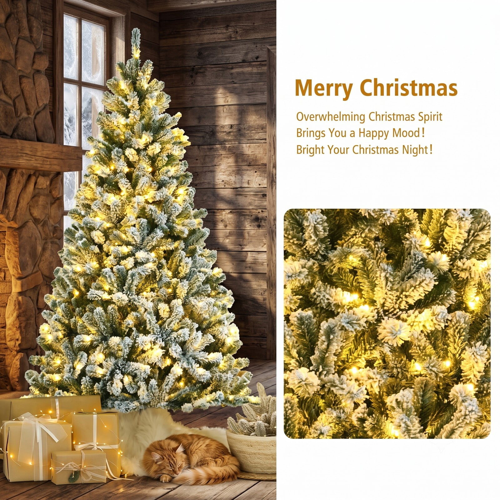 RUIE 6 FT Pre-Lit Snow Flocked Christmas Tree, Artificial Hinged Xmas Tree with 928 Branch Tips, 650 Warm White LED Lights and Foldable Metal Stand for Holiday, Green