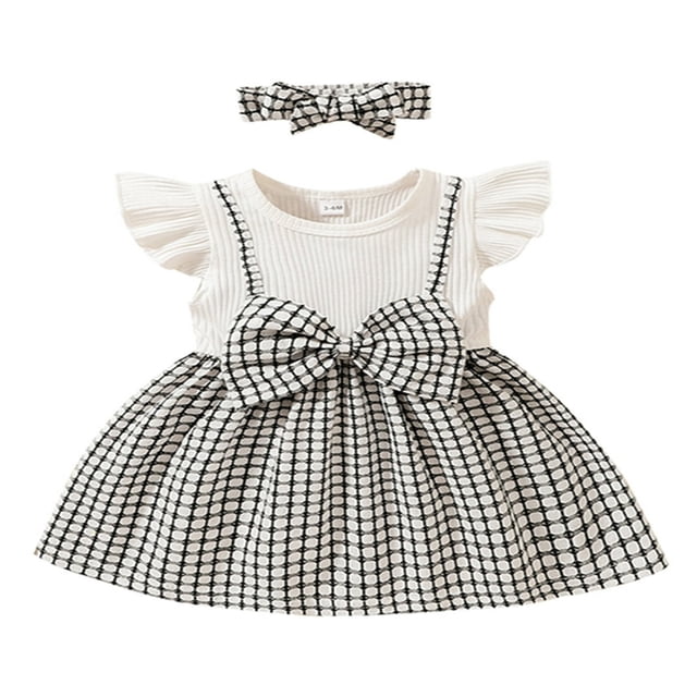Bébé Fille 2-Pièces Tenue Mouche Manches Plaid une Ligne Robe avec Bandeau