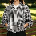 thumbnail image 3 of DISKEBUISS Women's Cropped Gingham Plaid Jacket Lapel Zip & Snap Long Sleeve Short Outerwear for Fall Winter, 3 of 7