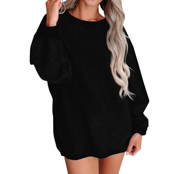 Womens Corduroy Sweatshirt Long Sleeve Ribbed Knit Pullover Oversized Casual Crewneck Sweatshirt Loose Fit Tops