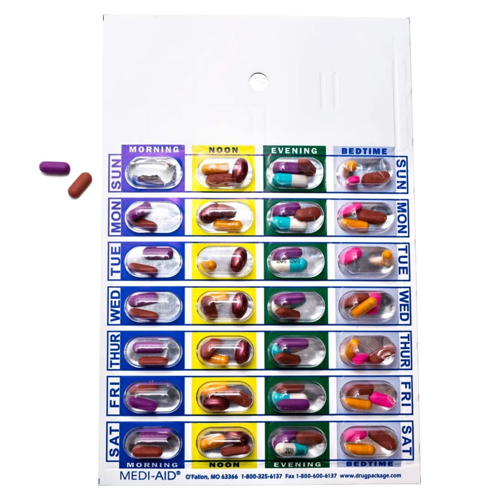 4 Time a Day Medication Blister Pack, Weekly Pill Organizer Cards, 100 Pack