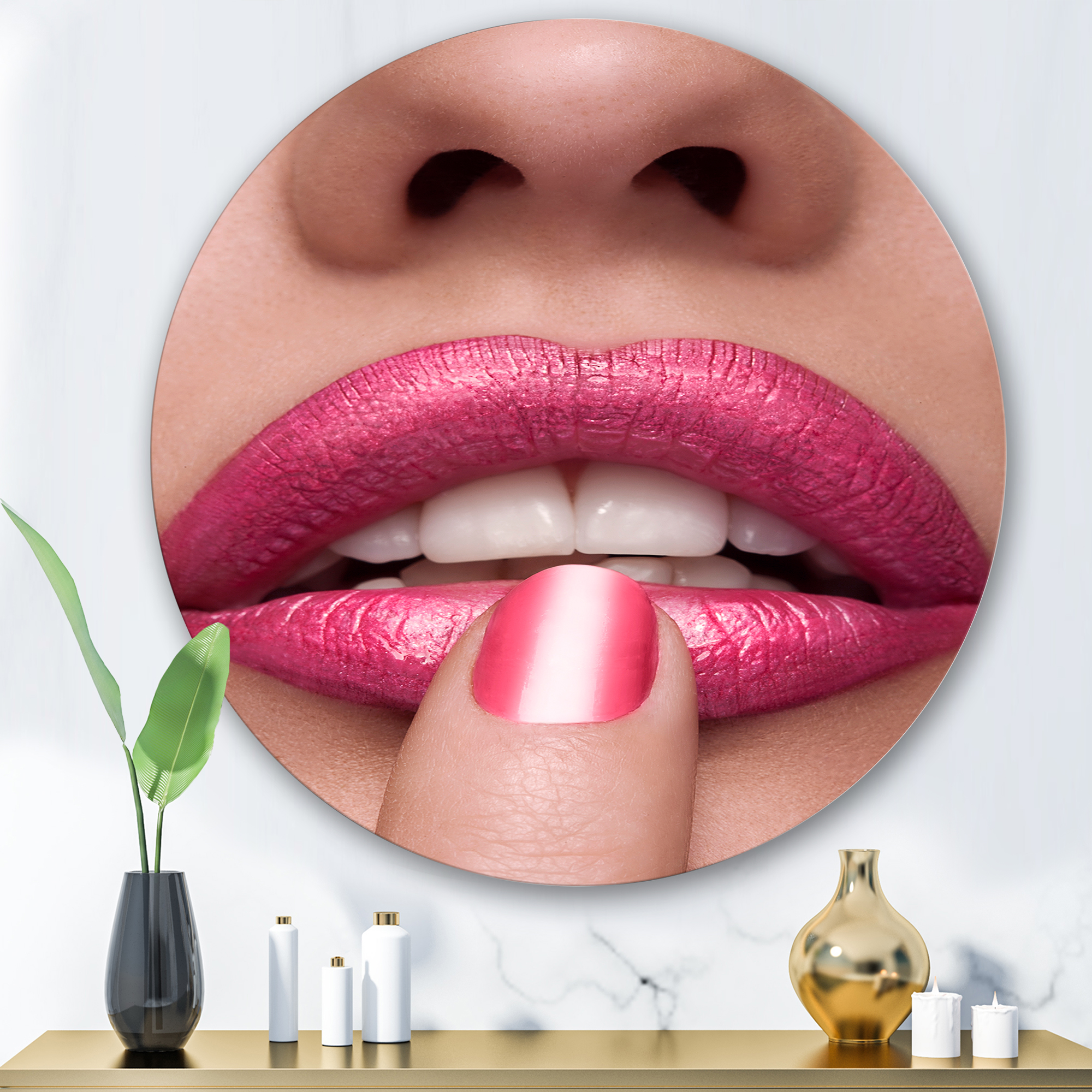 Designart 'Pink Female Lips With Finger On Mouth' Modern Circle Metal Wall Art 36x36 - Disc of 36