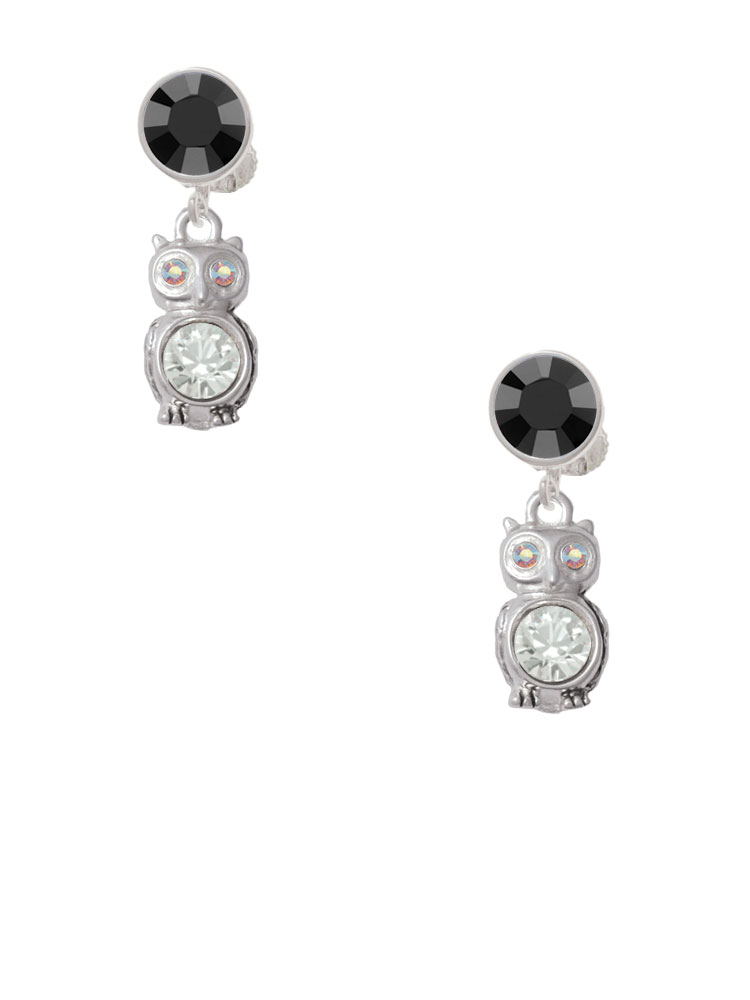 Delight Jewelry Silvertone 3-D Clear AB Crystal Owl Black Crystal Clip on Earrings