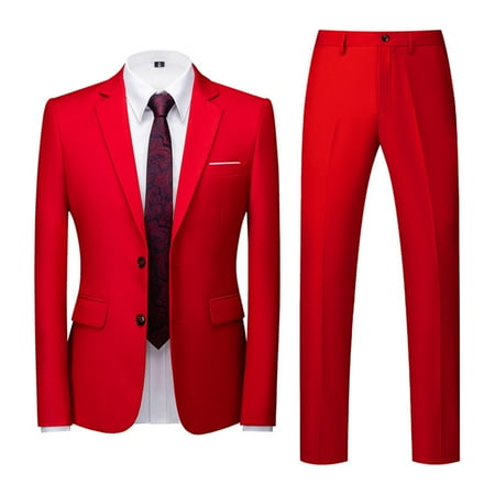 IYTR Mens Business Casual 2 Piece Solid Color LapelLong Sleeve Coat Comfy Waist Long Pants Leisure Suit Red XXXXXXL