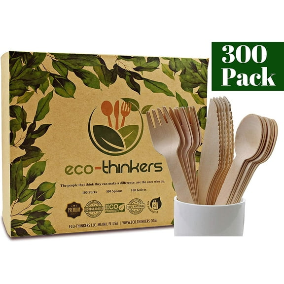 Disposable Wooden Cutlery Set - 300 pcs Disposable Wooden Cutlery Pack with Spoons, Forks & Knives Compostable & Biodegradable Utensils